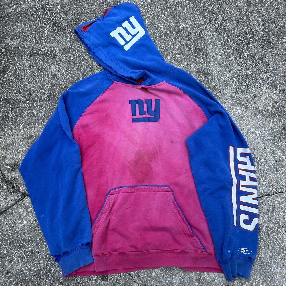 Vintage Y2K Reebok NFL New York Giants Hoodie Large Distressed Pink Blue Thrash